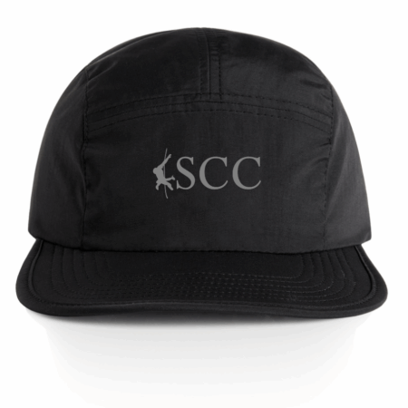 Black five panel hat with light gray SCC logo embroidered on the front.